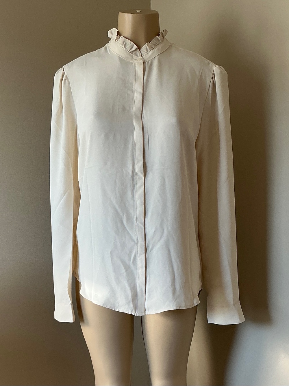 Express Women's Cream Ruffle-Neck Button Down Blouse